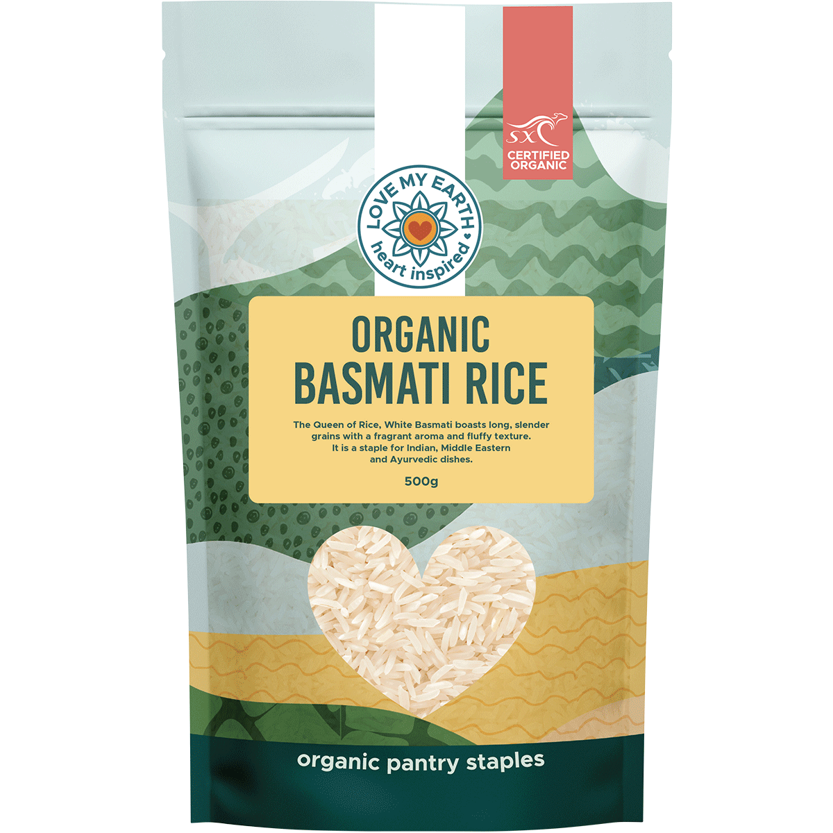 500g bag of Love My Earth Organic Basmati Rice with an Indian-inspired botanical design on a white background.