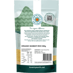 Back of a 500g bag of Love My Earth Organic Basmati Rice with product information and an Indian-inspired design.