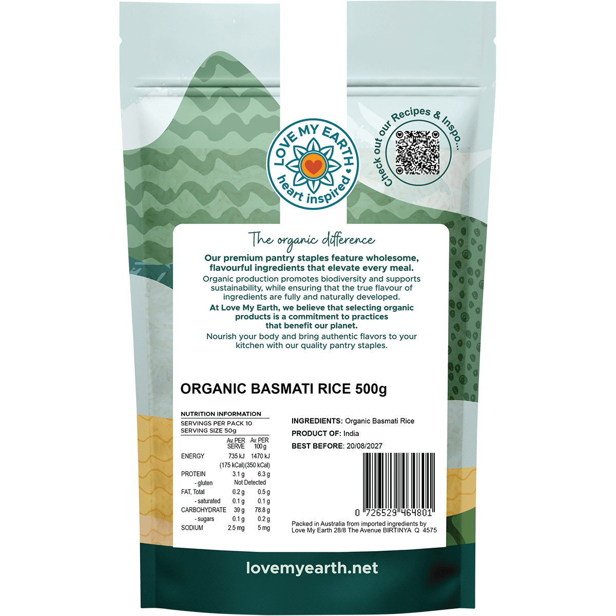 Back of a 500g bag of Love My Earth Organic Basmati Rice with product information and an Indian-inspired design.