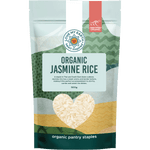 500g bag of Love My Earth Organic Jasmine Rice featuring a clear window showing long-grain white rice.
