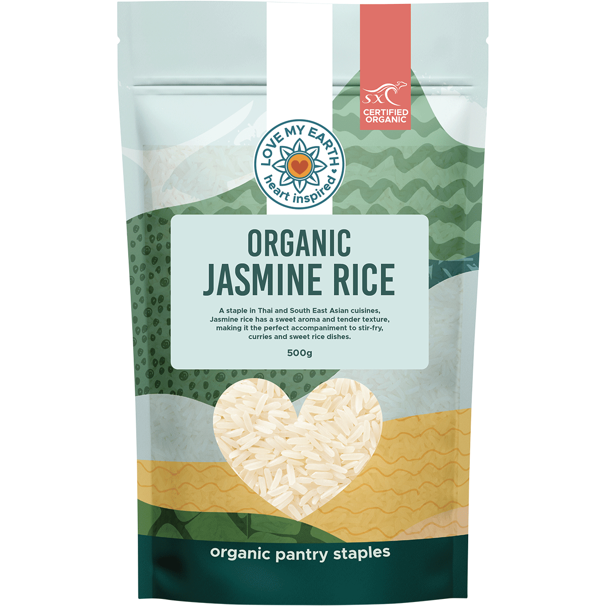 500g bag of Love My Earth Organic Jasmine Rice featuring a clear window showing long-grain white rice.