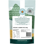 Back of Love My Earth Organic Jasmine Rice 500g bag showing nutritional information and cooking instructions.