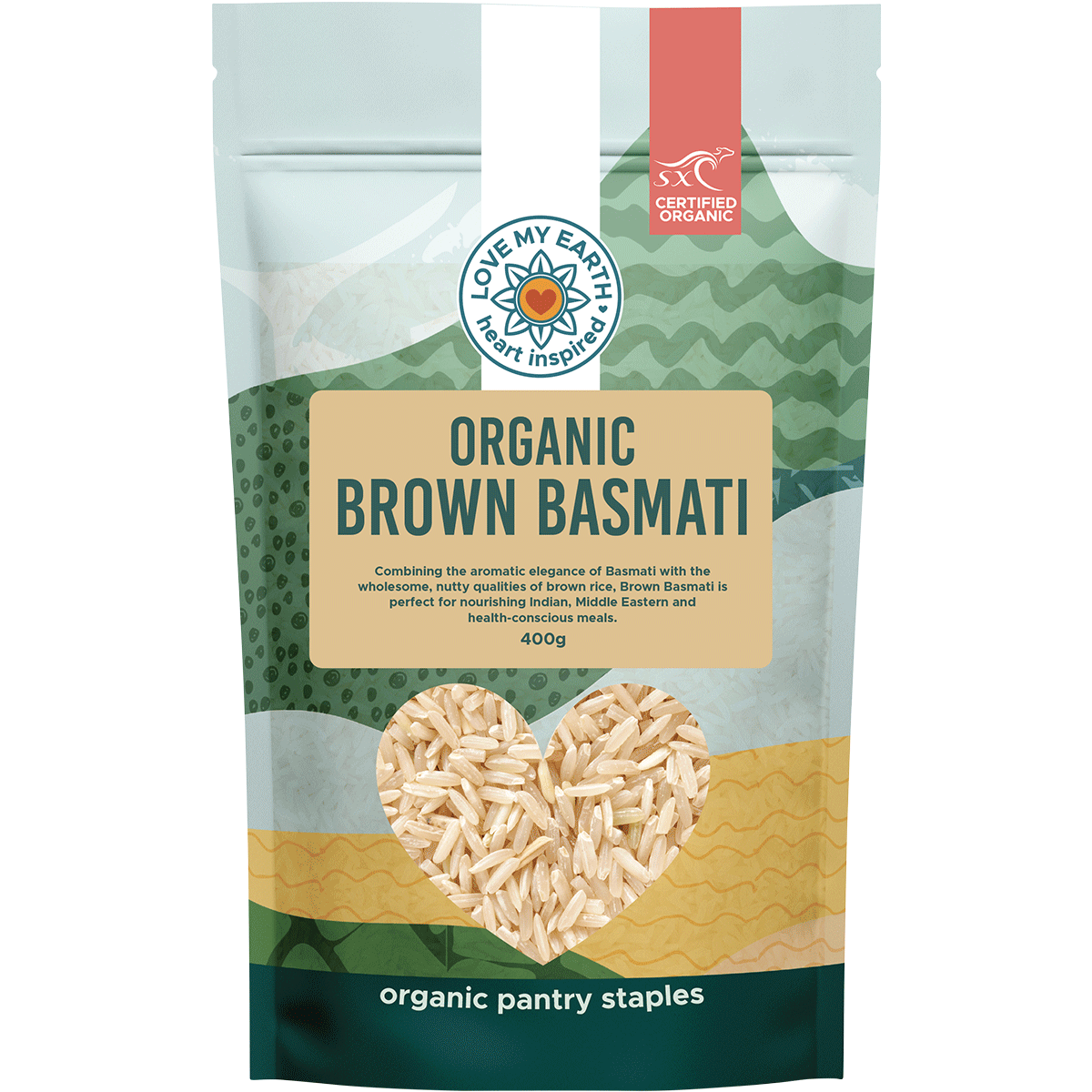 Love My Earth Organic Brown Basmati Rice 400g bag with a white label and botanical illustrations.