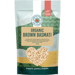 Love My Earth Organic Brown Basmati Rice 400g bag with a white label and botanical illustrations.