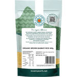 Back of Love My Earth Organic Brown Basmati Rice 400g bag with cooking instructions and nutritional facts.