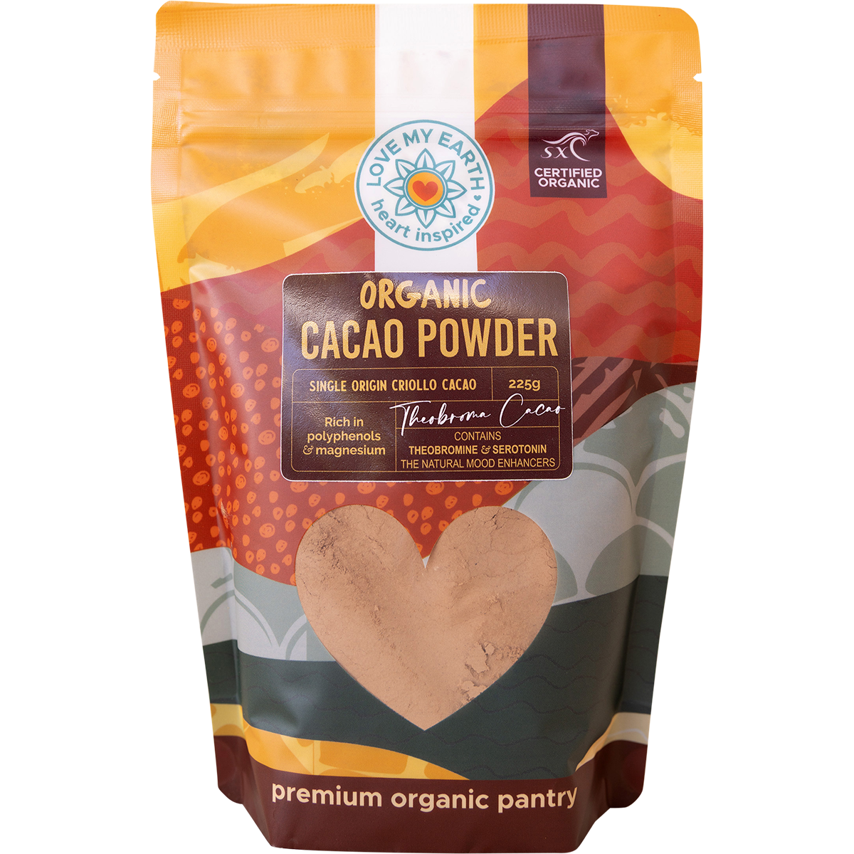 225g bag of Love My Earth Organic Cacao Powder with dark chocolate imagery and white text.
