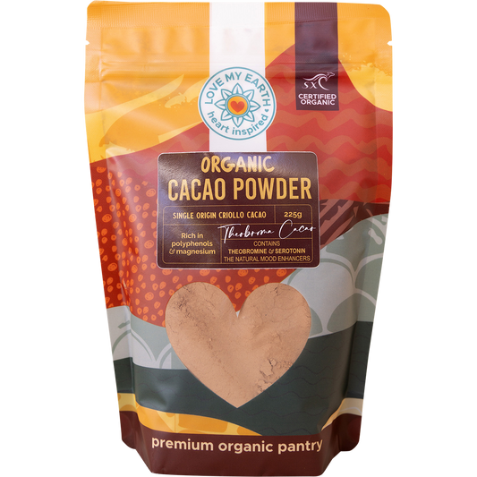 225g bag of Love My Earth Organic Cacao Powder with dark chocolate imagery and white text.