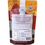 Back of Love My Earth Organic Cacao Powder bag showing nutritional facts, usage, and barcode.
