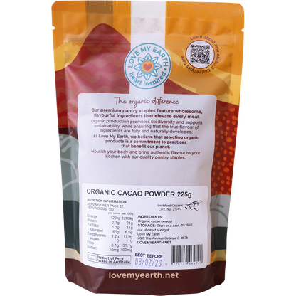 Back of Love My Earth Organic Cacao Powder bag showing nutritional facts, usage, and barcode.
