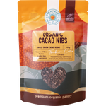 100g bag of Love My Earth Organic Cacao Nibs with a black and white label featuring a small bowl of nibs.
