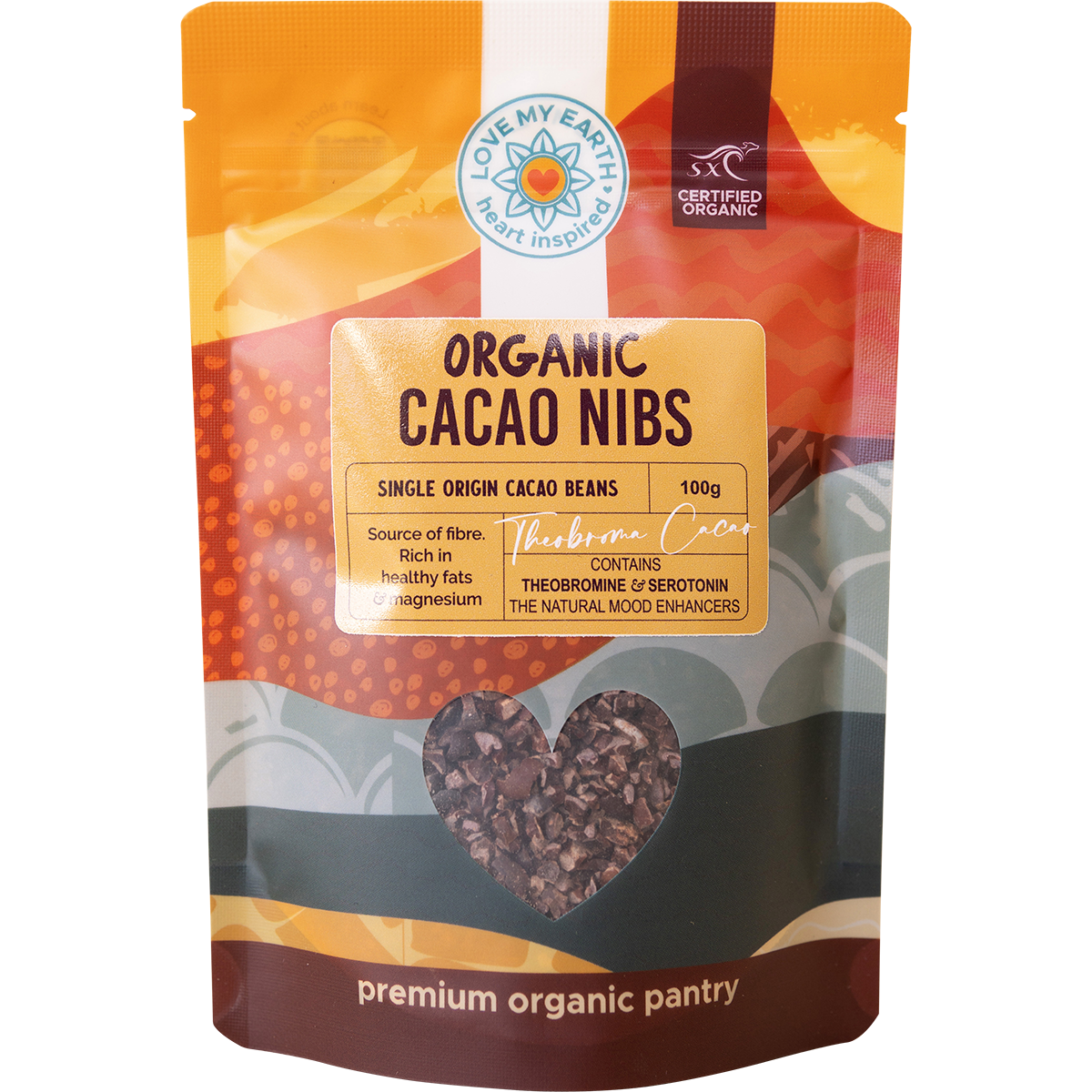 100g bag of Love My Earth Organic Cacao Nibs with a black and white label featuring a small bowl of nibs.
