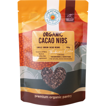 100g bag of Love My Earth Organic Cacao Nibs with a black and white label featuring a small bowl of nibs.