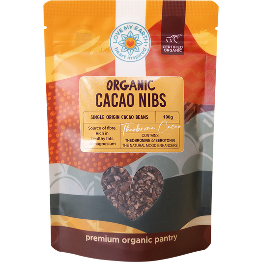 100g bag of Love My Earth Organic Cacao Nibs with a black and white label featuring a small bowl of nibs.