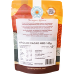 Back of Love My Earth Organic Cacao Nibs 100g bag with nutrition facts, ingredients, and barcode.