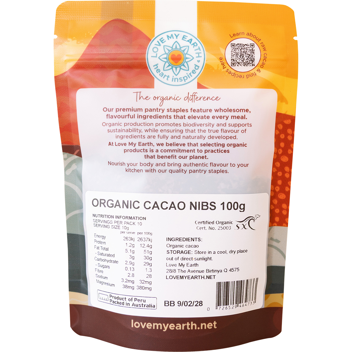 Back of Love My Earth Organic Cacao Nibs 100g bag with nutrition facts, ingredients, and barcode.
