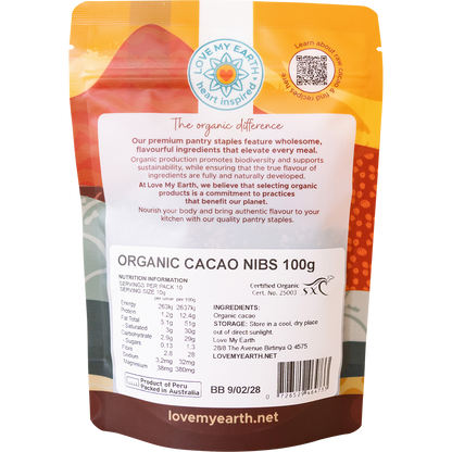 Back of Love My Earth Organic Cacao Nibs 100g bag with nutrition facts, ingredients, and barcode.