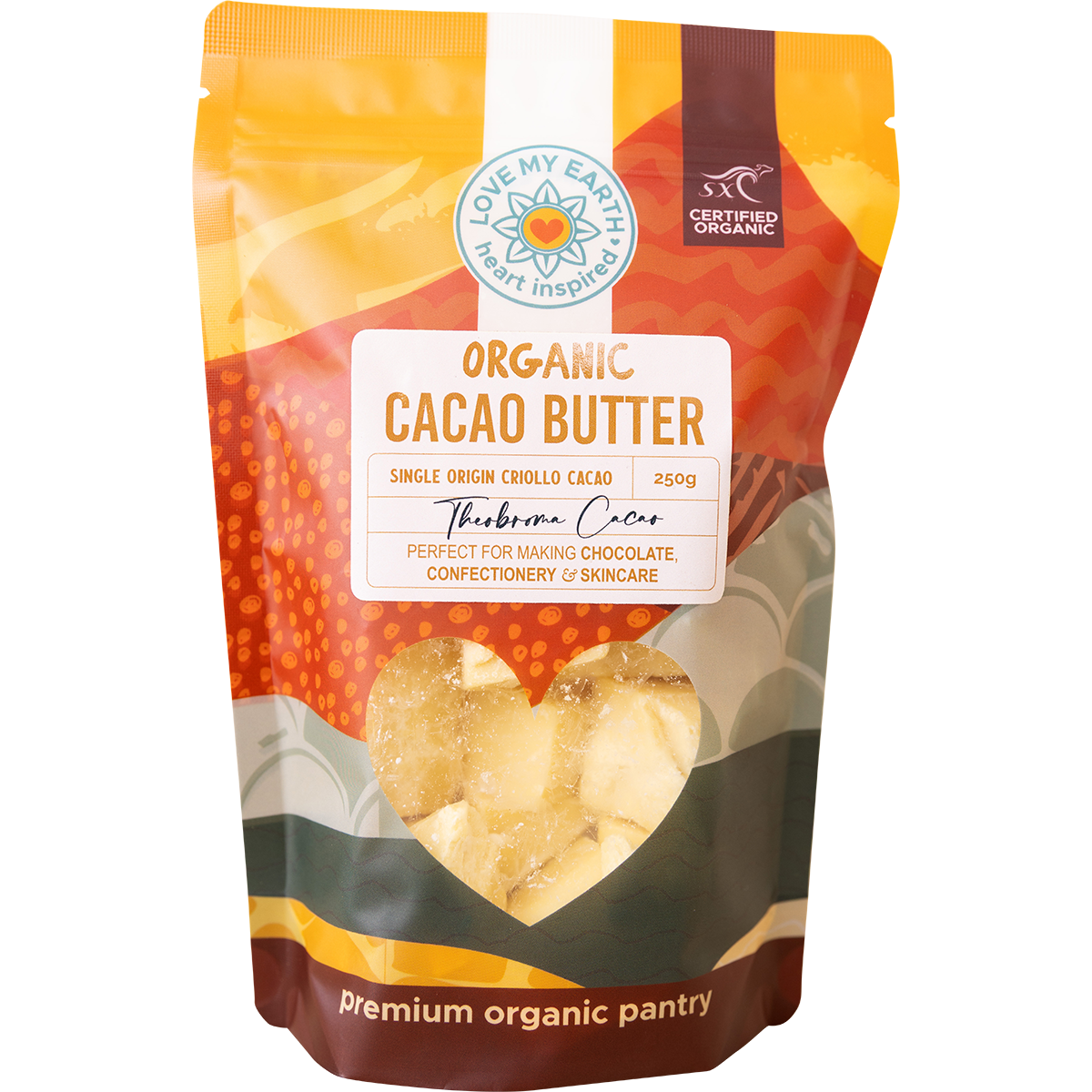 250g pack of Love My Earth Organic Cacao Butter featuring a minimalist white and brown label.