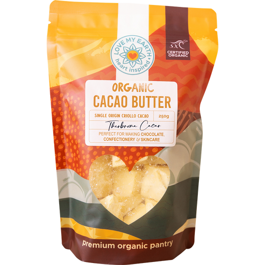 250g pack of Love My Earth Organic Cacao Butter featuring a minimalist white and brown label.