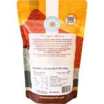 Back of Love My Earth Organic Cacao Butter 250g pack showing ingredients, barcode, and product details.