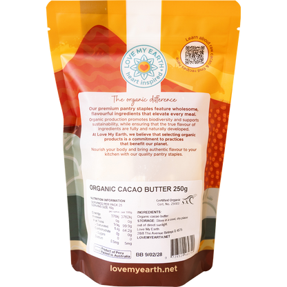 Back of Love My Earth Organic Cacao Butter 250g pack showing ingredients, barcode, and product details.