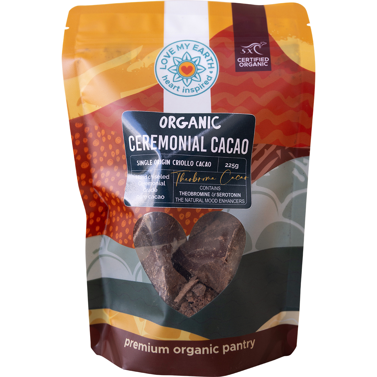 White pouch of Love My Earth Organic Ceremonial Cacao 225g with a red and orange heart-shaped logo.