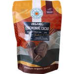 White pouch of Love My Earth Organic Ceremonial Cacao 225g with a red and orange heart-shaped logo.