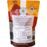 Back of Love My Earth Organic Ceremonial Cacao pouch showing ingredients, brewing instructions, and product details.