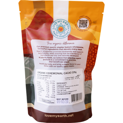 Back of Love My Earth Organic Ceremonial Cacao pouch showing ingredients, brewing instructions, and product details.