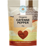 A 80g pouch of Love My Earth Organic Cayenne Pepper with a red label and a vibrant illustration of a chili.