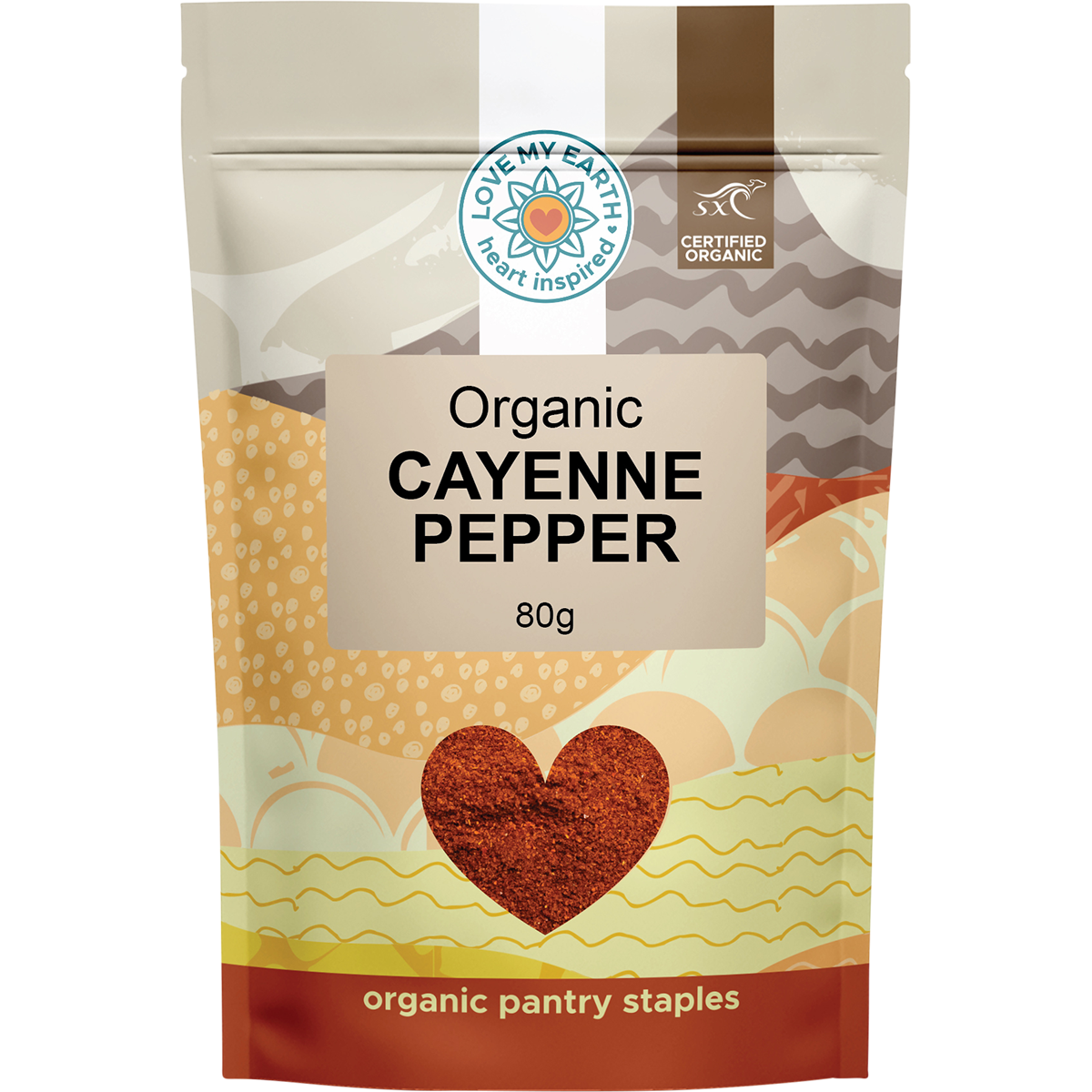 A 80g pouch of Love My Earth Organic Cayenne Pepper with a red label and a vibrant illustration of a chili.