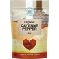 A 80g pouch of Love My Earth Organic Cayenne Pepper with a red label and a vibrant illustration of a chili.