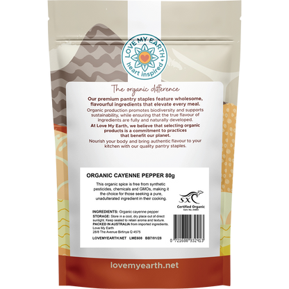 Back of Love My Earth Organic Cayenne Pepper 80g pouch showing ingredients, barcode, and product information.