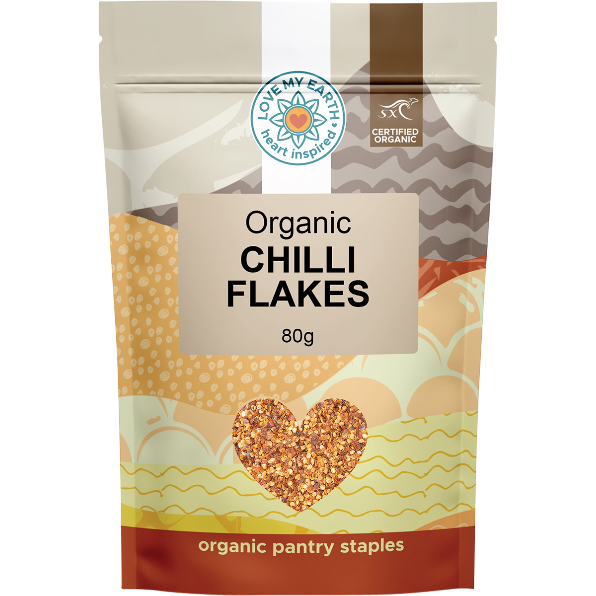Love My Earth Organic Chilli Flakes 80g in a brown resealable pouch with a green and white label.