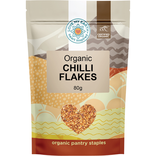 Love My Earth Organic Chilli Flakes 80g in a brown resealable pouch with a green and white label.