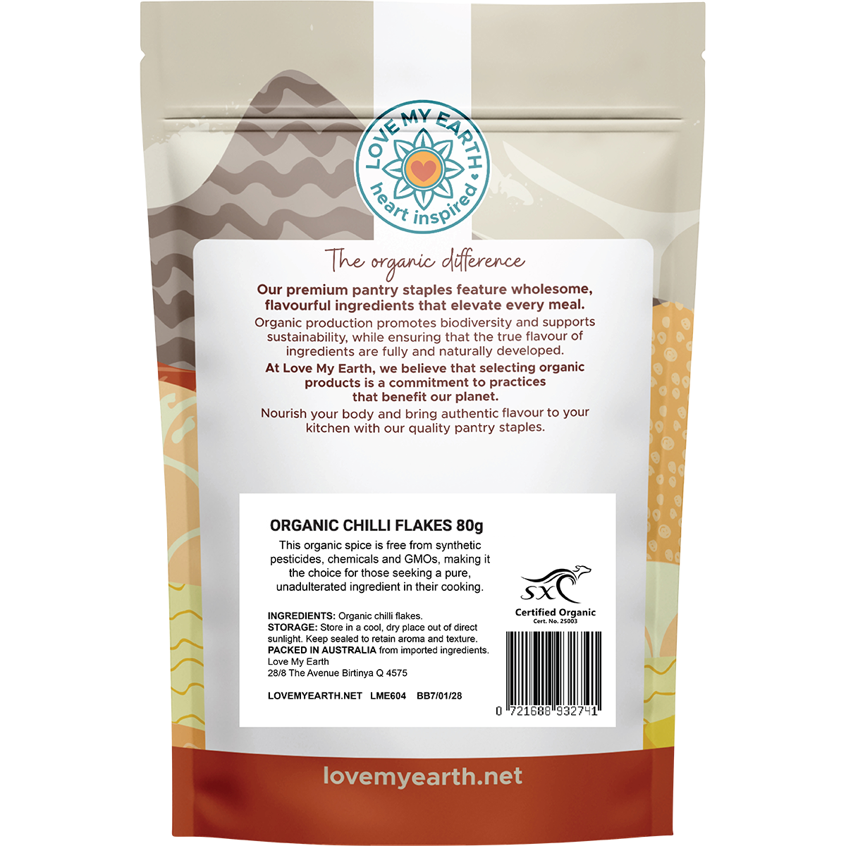 Back of Love My Earth Organic Chilli Flakes pouch showing ingredients, barcode, and organic certification.