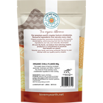 Back of Love My Earth Organic Chilli Flakes pouch showing ingredients, barcode, and organic certification.