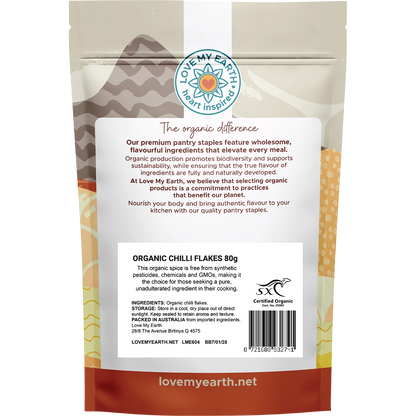 Back of Love My Earth Organic Chilli Flakes pouch showing ingredients, barcode, and organic certification.