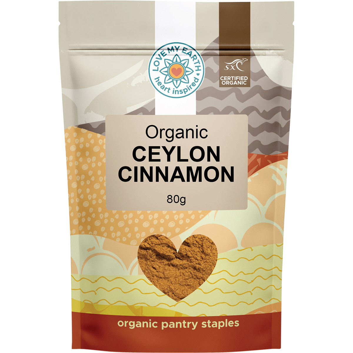 80g pouch of Love My Earth Organic Ceylon Cinnamon with a brown label and white logo.