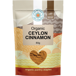 80g pouch of Love My Earth Organic Ceylon Cinnamon with a brown label and white logo.