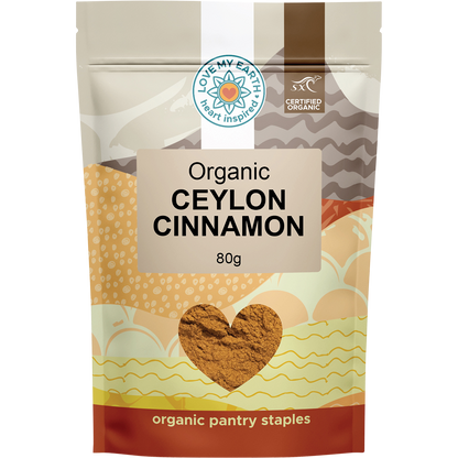 80g pouch of Love My Earth Organic Ceylon Cinnamon with a brown label and white logo.