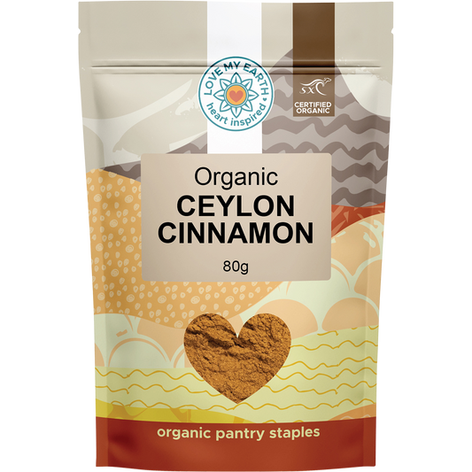 80g pouch of Love My Earth Organic Ceylon Cinnamon with a brown label and white logo.