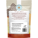 Back of a Love My Earth Organic Ceylon Cinnamon pouch showing ingredients, health benefits, and nutritional information.