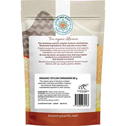 Back of a Love My Earth Organic Ceylon Cinnamon pouch showing ingredients, health benefits, and nutritional information.