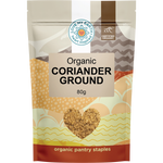 80g pouch of Love My Earth Organic Coriander Ground with a green and white label and a clear window showing the spice.