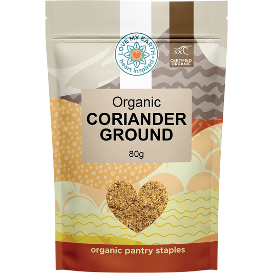 80g pouch of Love My Earth Organic Coriander Ground with a green and white label and a clear window showing the spice.