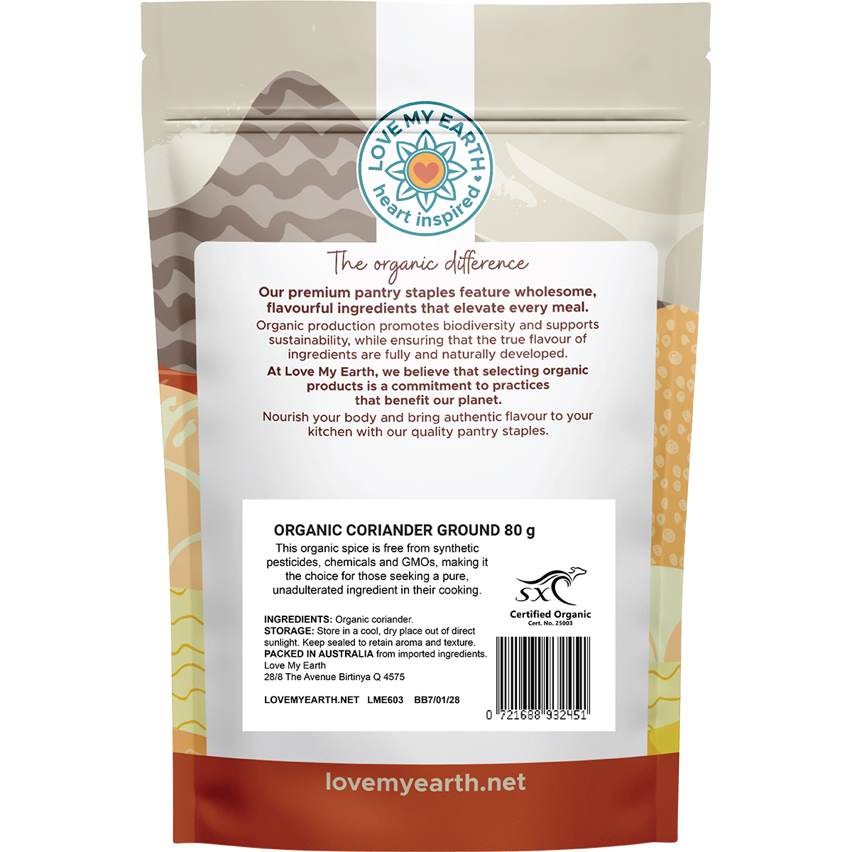 Back of Love My Earth Organic Coriander Ground pouch showing ingredients, barcode, and 80g weight on a white background.