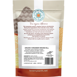 Back of Love My Earth Organic Coriander Ground pouch showing ingredients, barcode, and 80g weight on a white background.