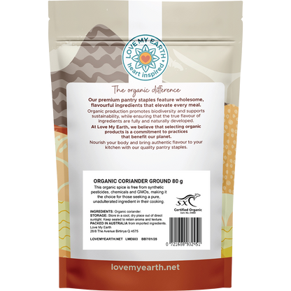 Back of Love My Earth Organic Coriander Ground pouch showing ingredients, barcode, and 80g weight on a white background.