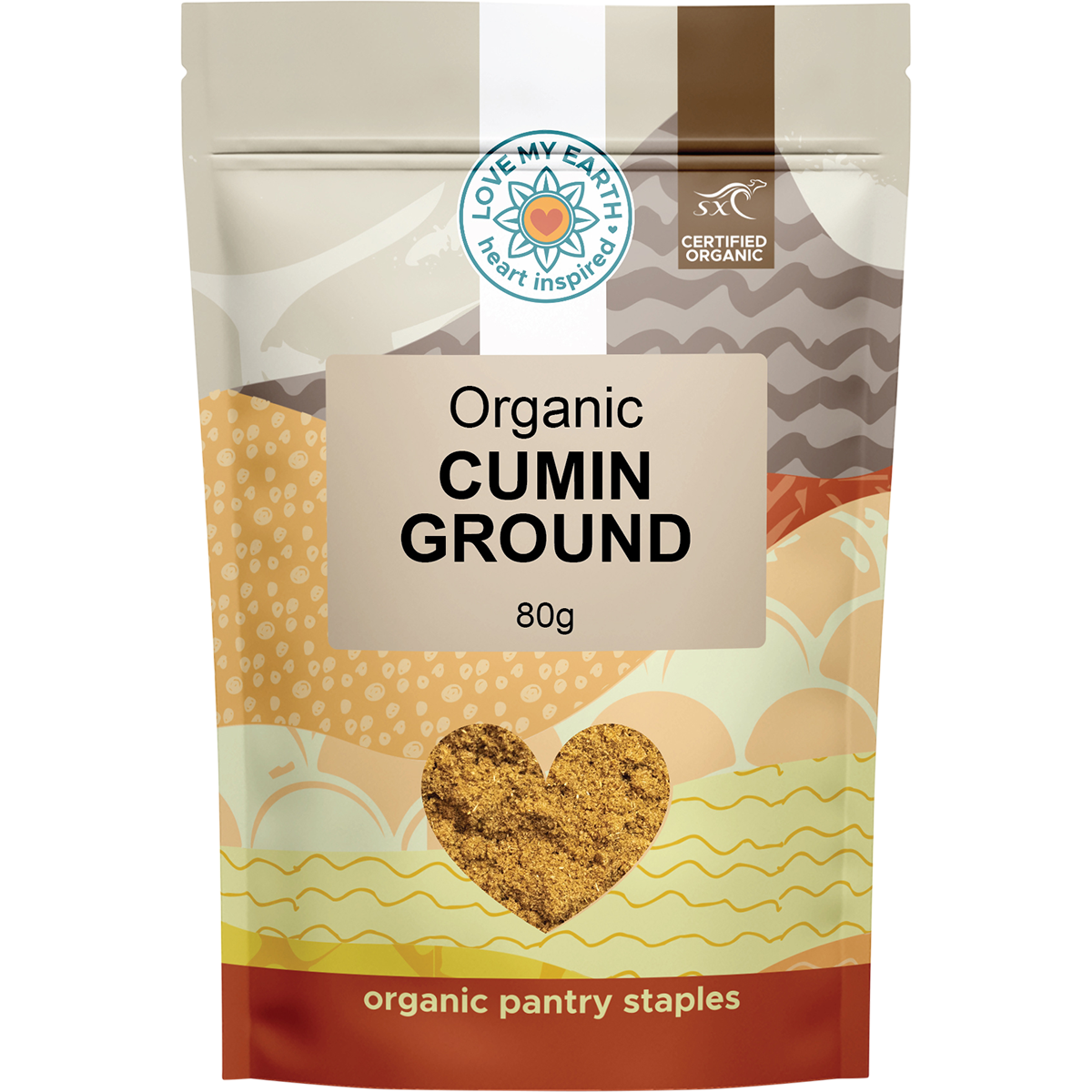 80g pouch of Love My Earth Organic Cumin Ground with a brown label and organic certification logos.