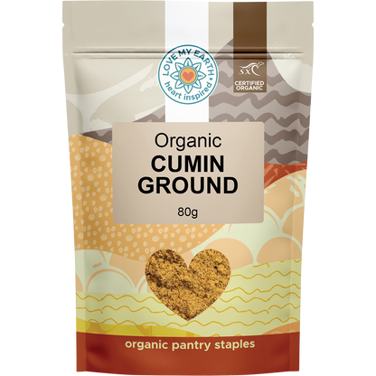 80g pouch of Love My Earth Organic Cumin Ground with a brown label and organic certification logos.